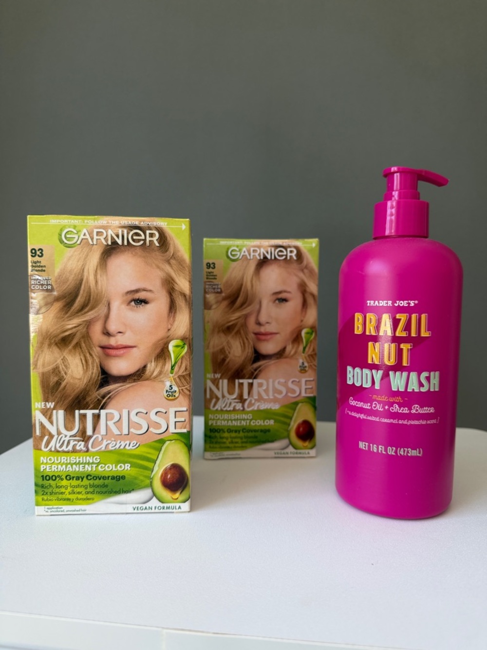 Garnier Nutrisse 93 NIB Ultra Crème Hair Color & Trader Joe Brazil Nut body wash